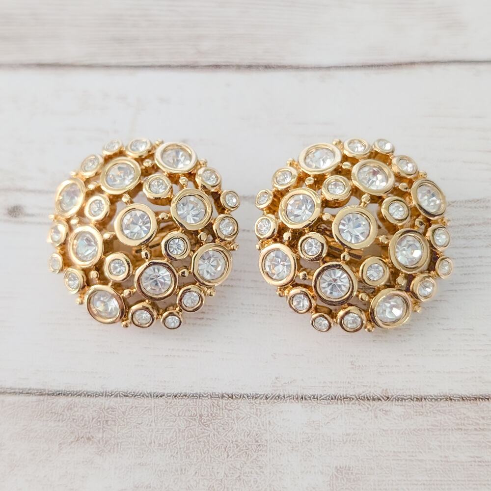 Vintage Clip On Earrings Stunning Statement Gold Tone & Clear Gem Very Large